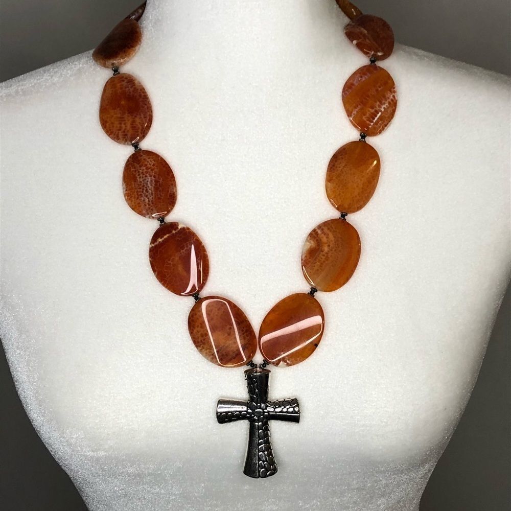 Large Orange Glass Necklace with Cross